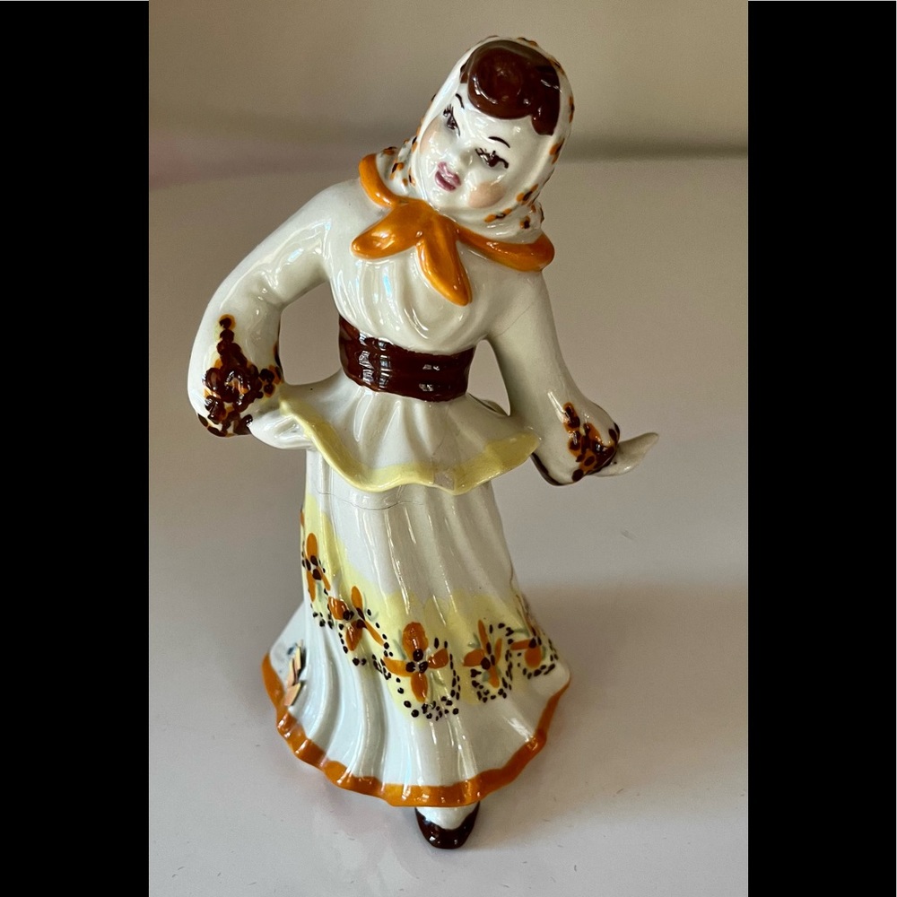 Vintage ceramic arts studio Polish Girl. 6” hand painted cottagecore boho